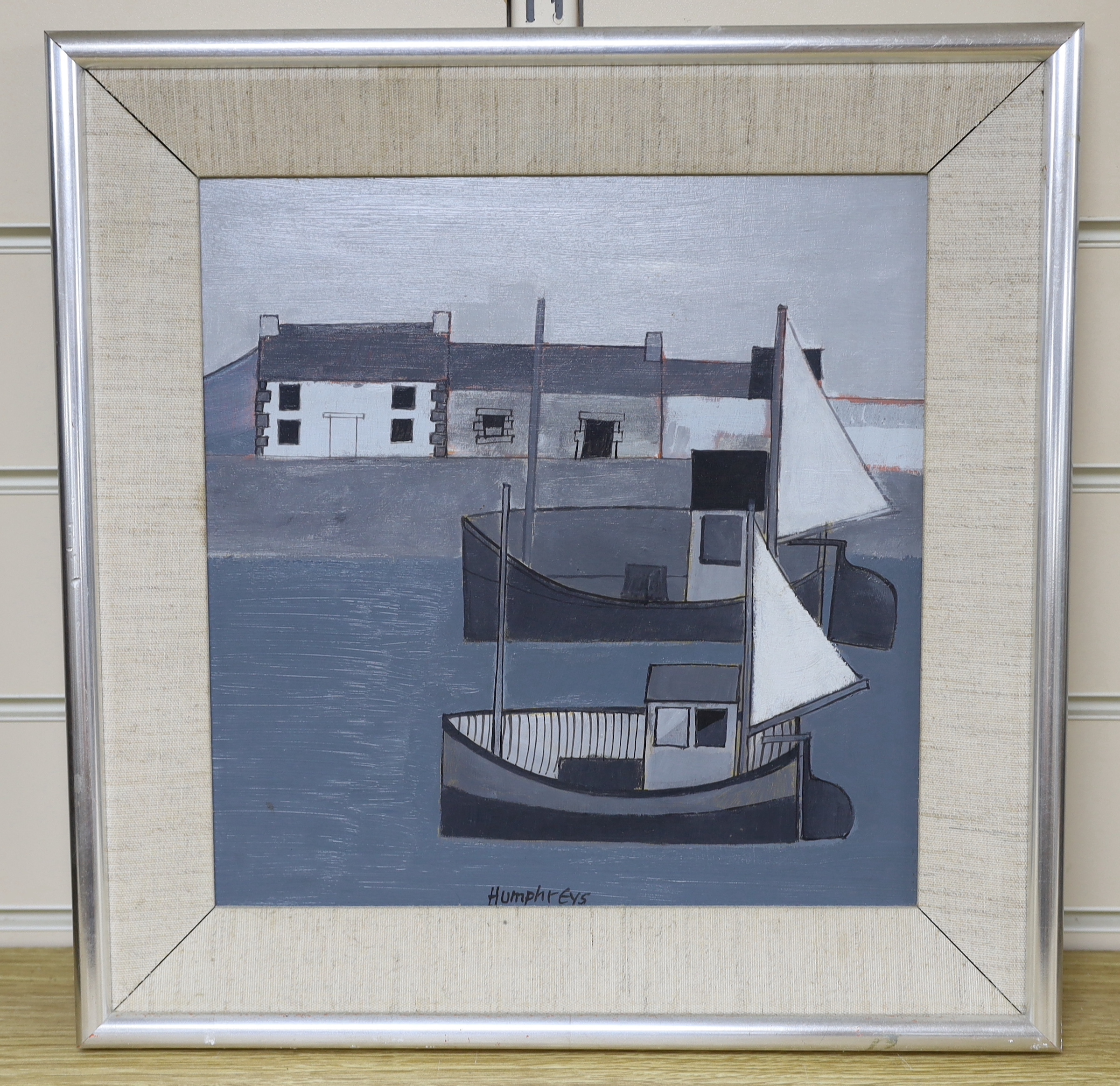 David Humphreys (b.1937), monochrome oil on board, Breton Harbour, signed, inscribed verso, 29cm x 28cm